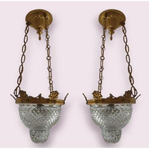 Pair Of Lanterns, Gilt Bronze Ceiling Lights With Their Cut Crystal Basins 