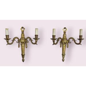 Pair Of Gilded Bronze Sconces, Electrified, Louis XVI Style