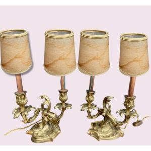 Pair Of Lamp, Candle Holder In Gilt Bronze, Electrified 