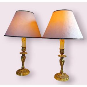 Pair Of Gilded Bronze Lamps, Electrified 