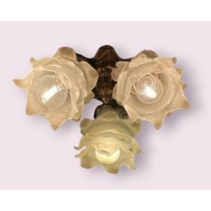 Bronze Ceiling Light With 3 Glass Paste Tulips, Electrified 