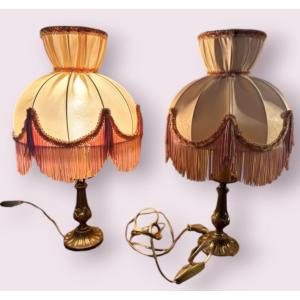 Paire De Lampe En Bronze Dorée Avec Leurs Abats-jour, électrifié 