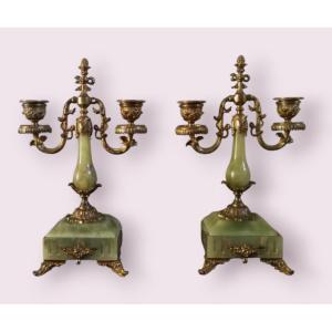 Pair Of Candlesticks In Gilt Bronze And Onyx, Perfect Condition 