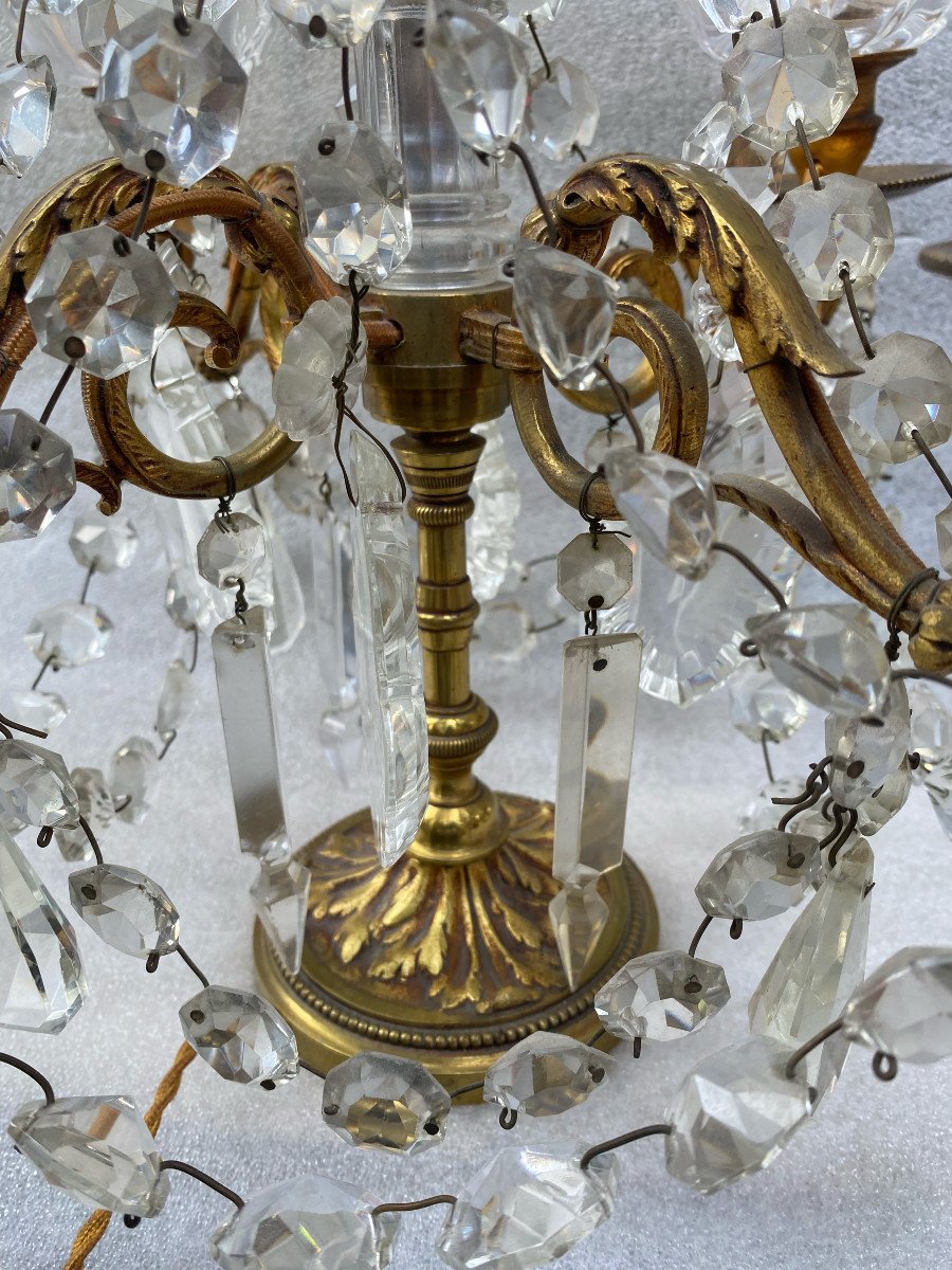 1950′ Pair Of Bronze Girandole Lamps 4 Arms Pampilles And Baccarat Daggers H 66 Cm-photo-3