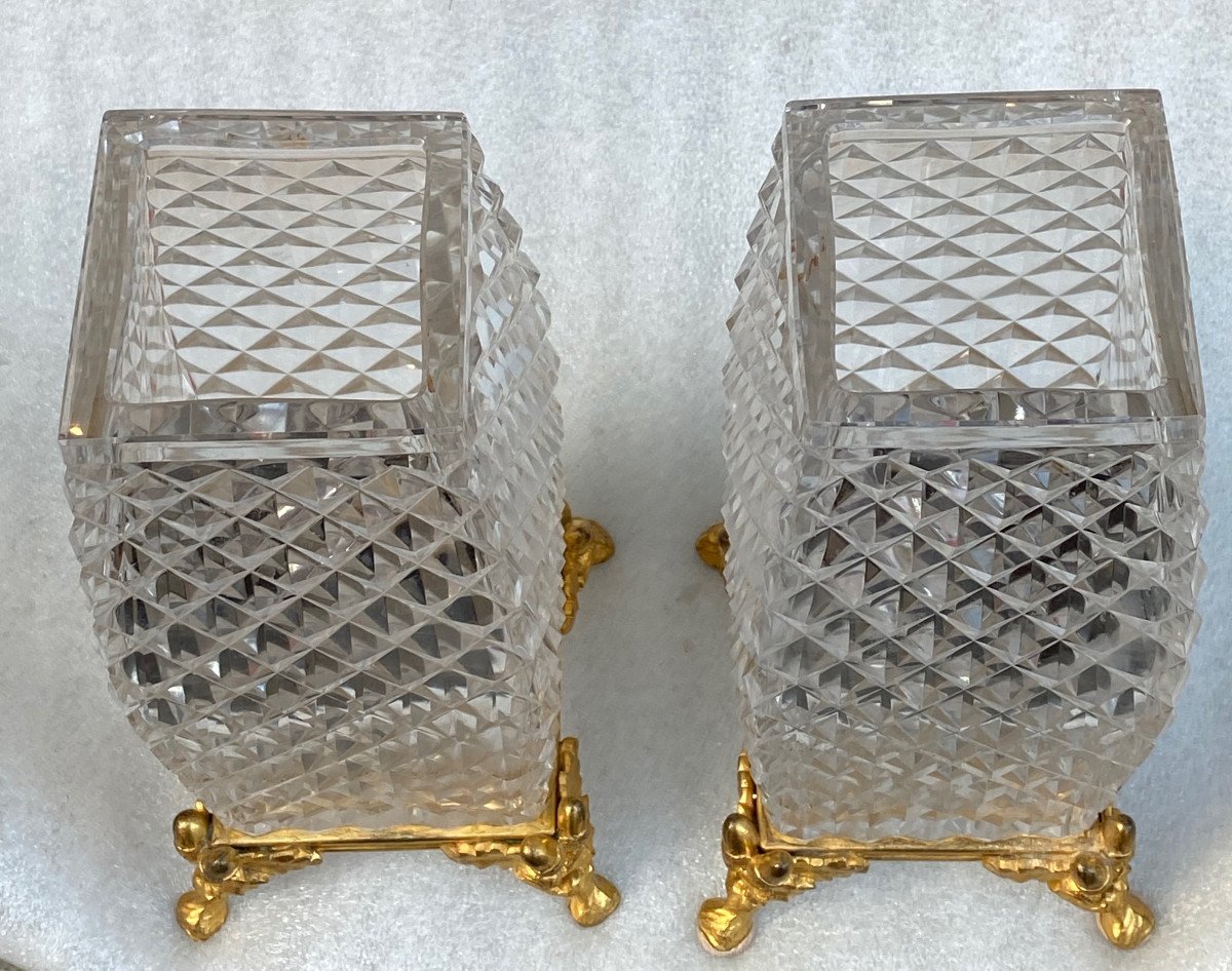 1880′ Pair Of Baccarat Vases, l'Escalier De Cristal, Japanese Period, Gilt Bronze H 28-photo-2