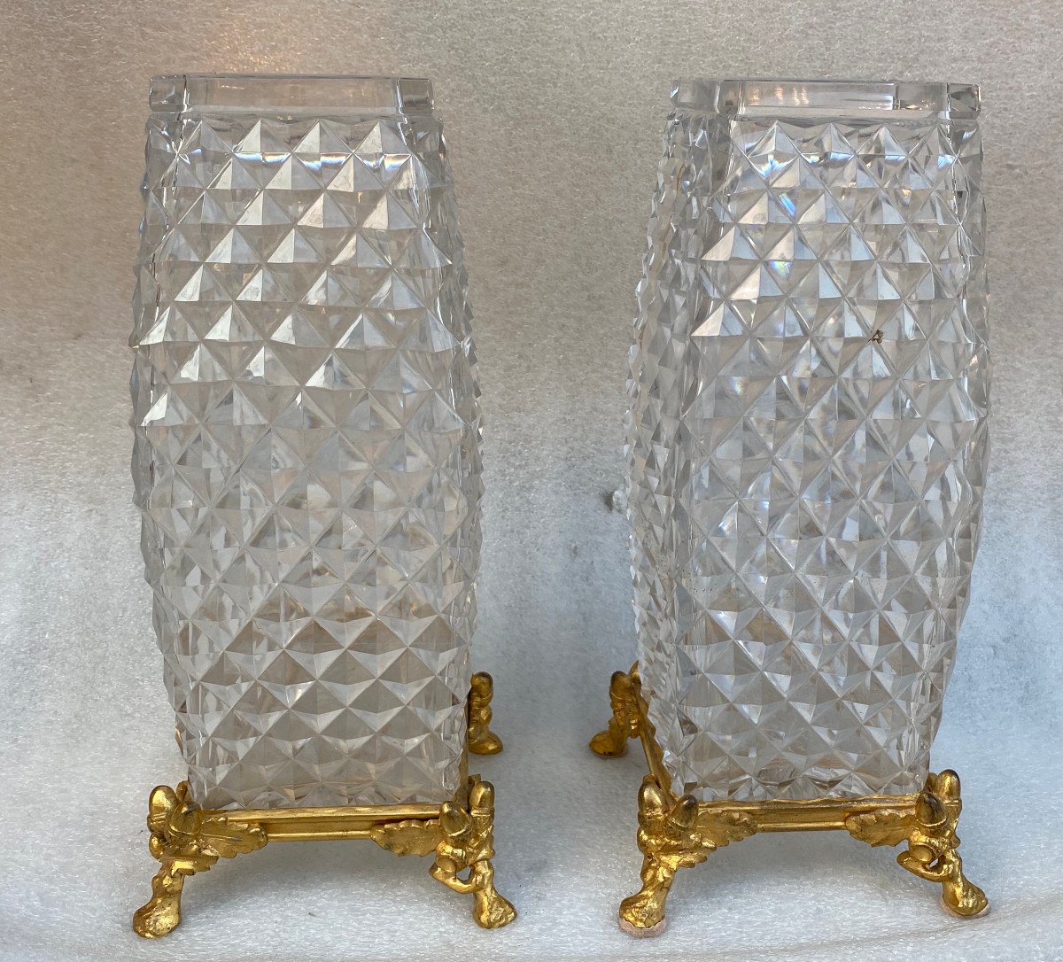 1880′ Pair Of Baccarat Vases, l'Escalier De Cristal, Japanese Period, Gilt Bronze H 28-photo-6