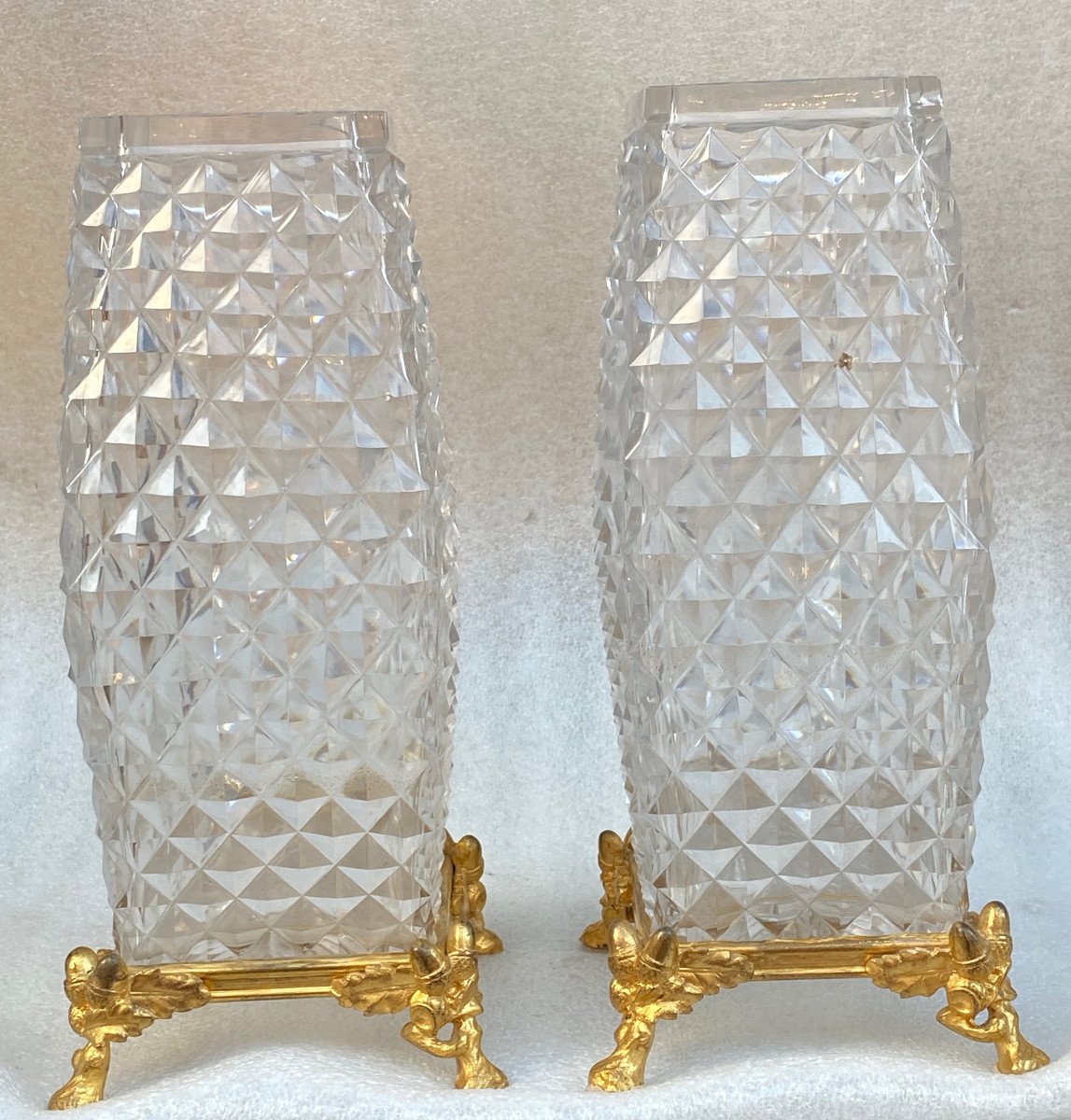 1880′ Pair Of Baccarat Vases, l'Escalier De Cristal, Japanese Period, Gilt Bronze H 28