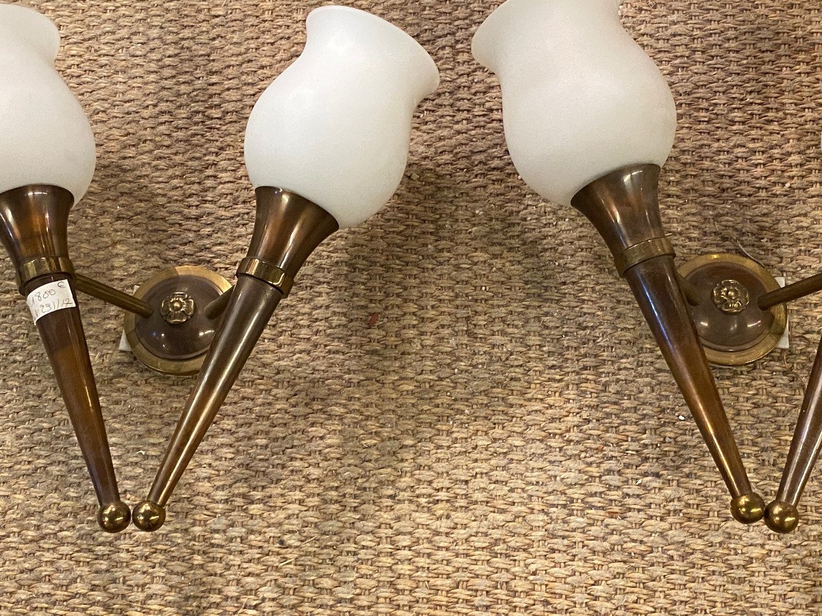 1920/50′ Paire De Lustres Bronze Et Laiton Avec Flèche Style Arbus Par Maison Jansen 6 Ampoules-photo-6