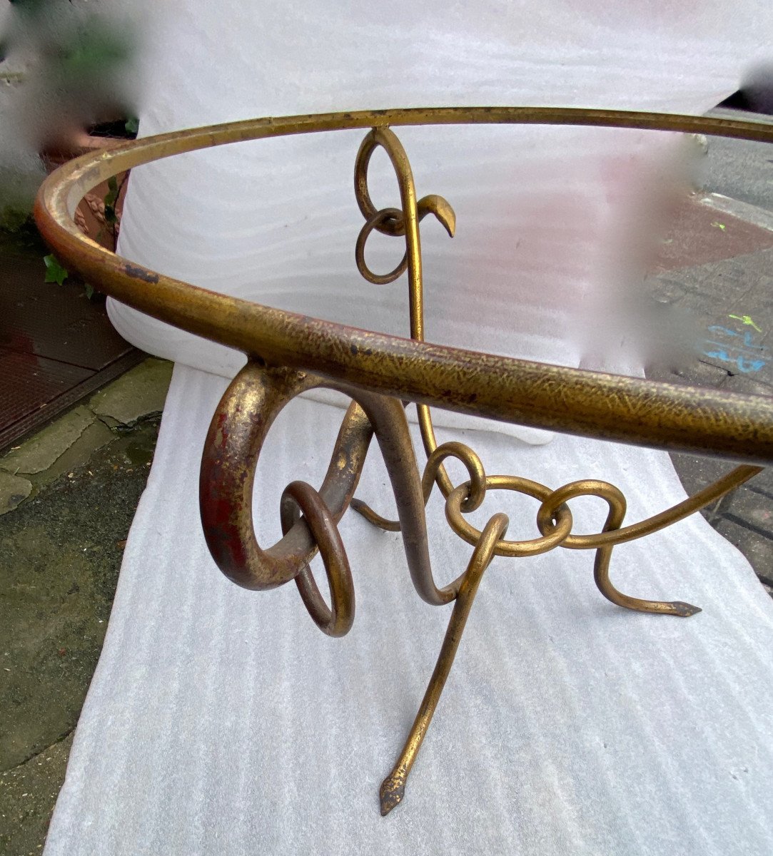 1940′ Coffee Table In Golden Wrought Iron With Entrelacs René Drouet ø 90 H 53 Cm-photo-2