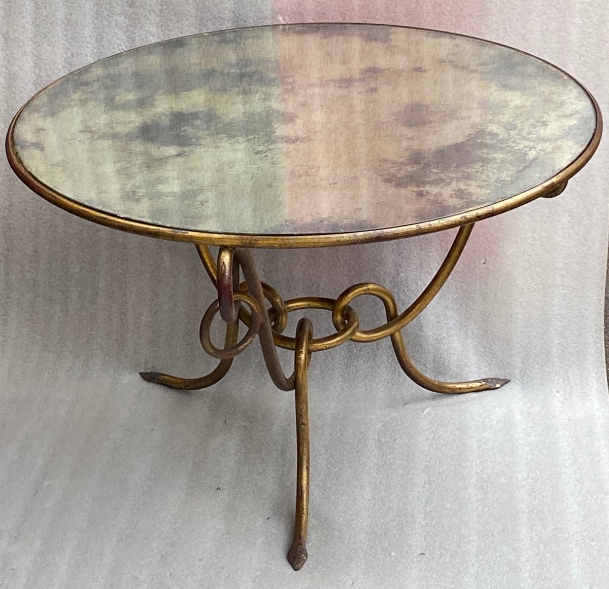 1940′ Coffee Table In Golden Wrought Iron With Entrelacs René Drouet ø 90 H 53 Cm-photo-5