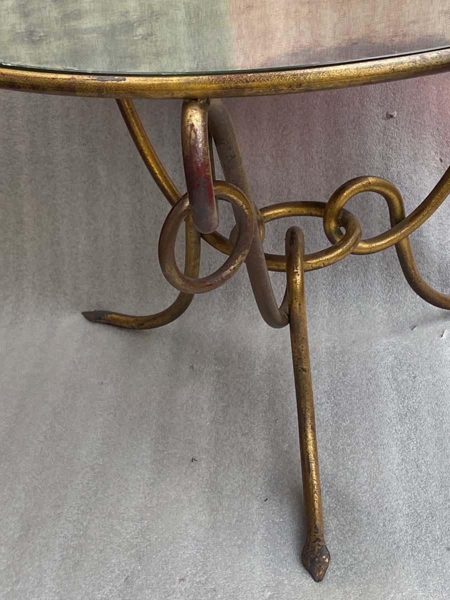 1940′ Coffee Table In Golden Wrought Iron With Entrelacs René Drouet ø 90 H 53 Cm-photo-6