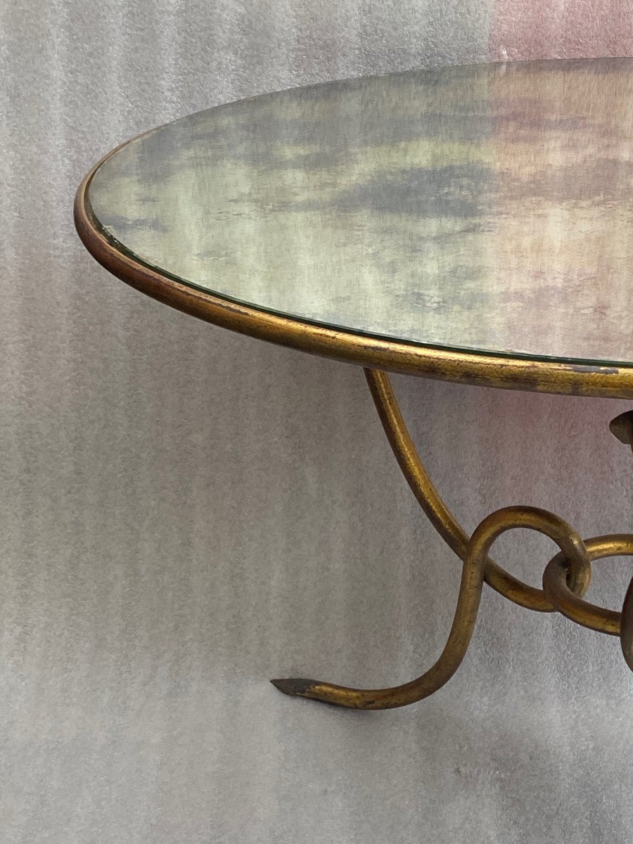 1940′ Coffee Table In Golden Wrought Iron With Entrelacs René Drouet ø 90 H 53 Cm-photo-8