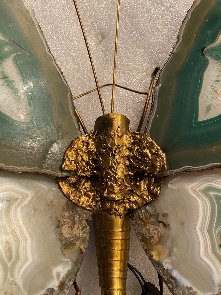 1970 'butterfly Wall Lamp In Bronze Or Brass, Duval Brasseur Or Isabelle Faure,   Agates Wings-photo-2