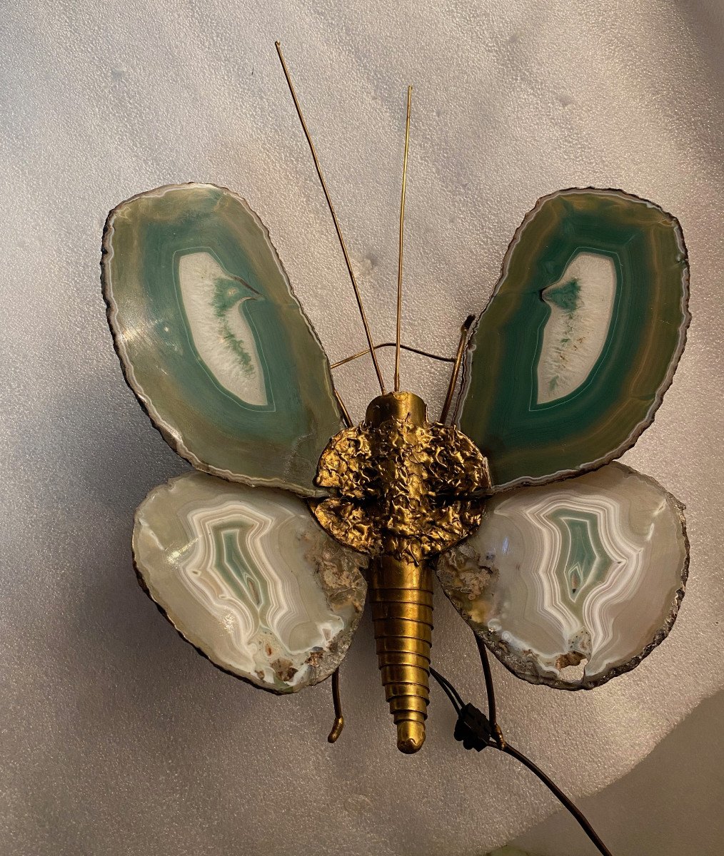 1970 'butterfly Wall Lamp In Bronze Or Brass, Duval Brasseur Or Isabelle Faure,   Agates Wings-photo-1