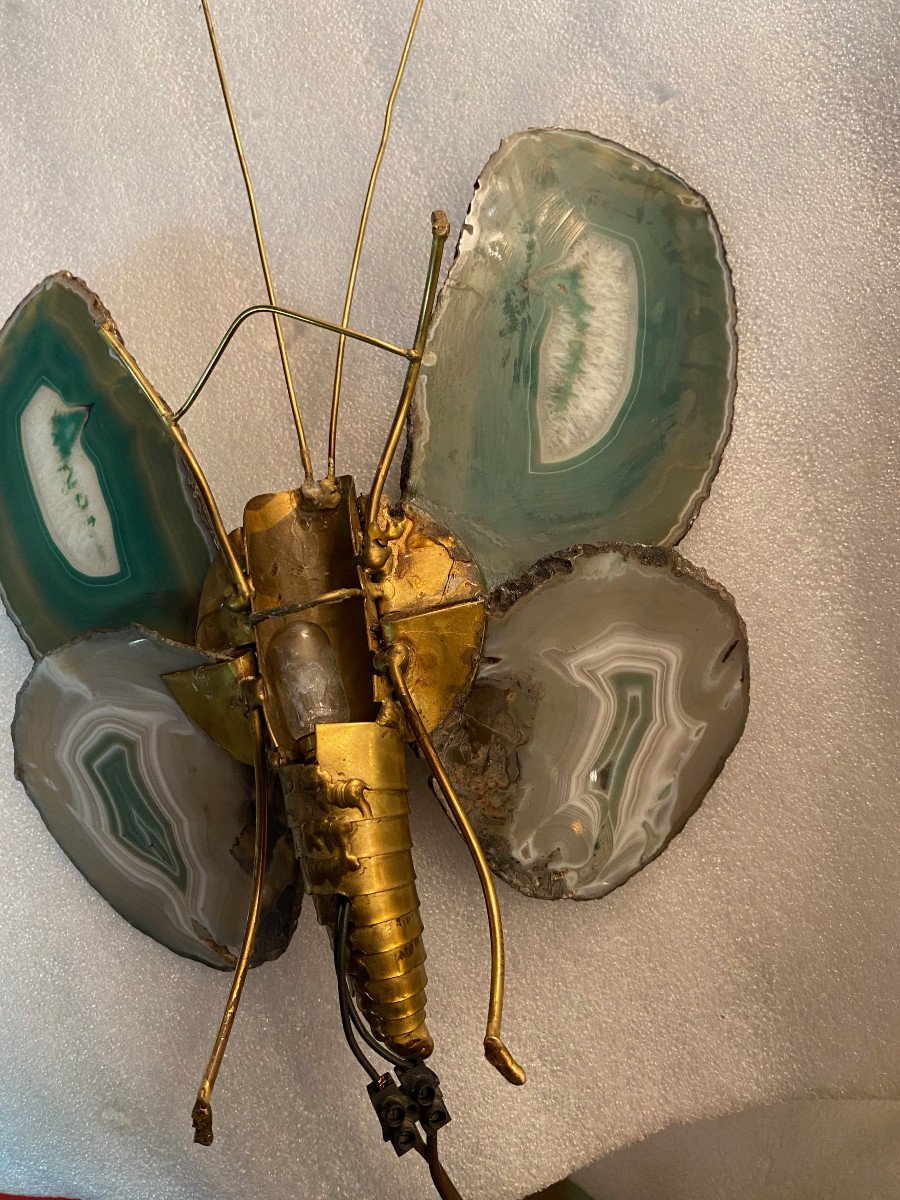 1970 'butterfly Wall Lamp In Bronze Or Brass, Duval Brasseur Or Isabelle Faure,   Agates Wings-photo-6