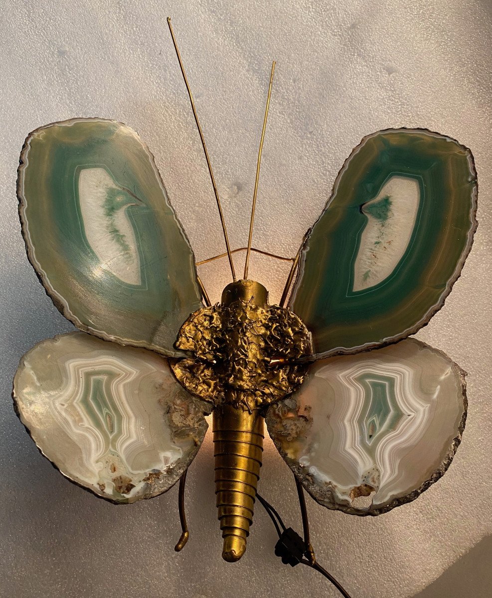 1970 'butterfly Wall Lamp In Bronze Or Brass, Duval Brasseur Or Isabelle Faure,   Agates Wings