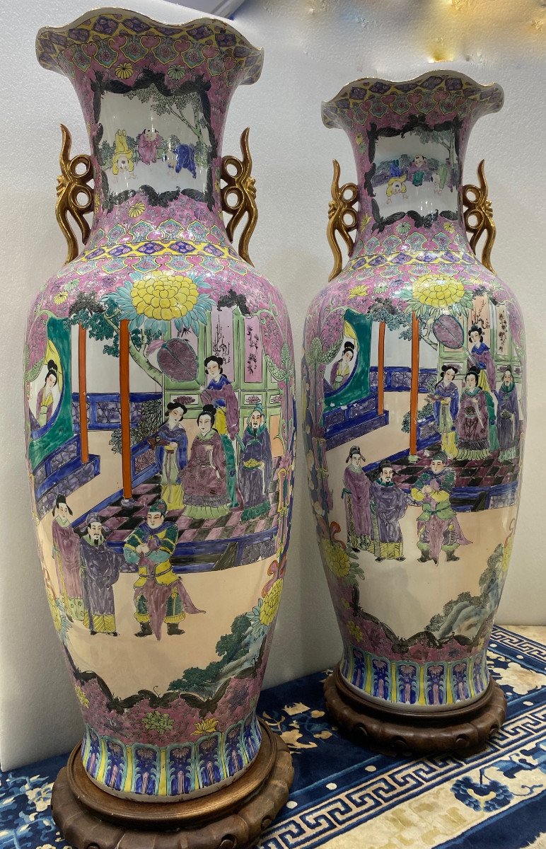 1950′ Pair Of Republic Of China Vases H 127 Cm-photo-3