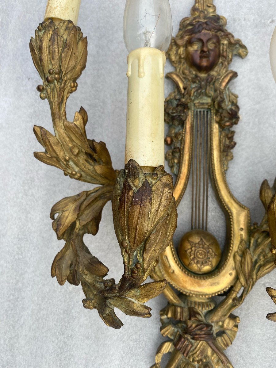 1890/1900′ Pair Of Louis 16 Style Gilt Bronze Sconces After Gouthiere-photo-4