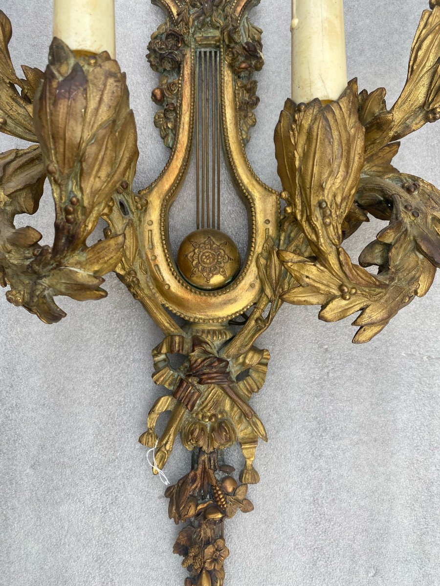 1890/1900′ Pair Of Louis 16 Style Gilt Bronze Sconces After Gouthiere-photo-3