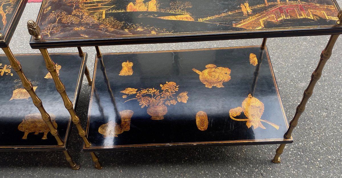 1950′ Pair Of Tables Maison Baguès Bamboo Decor Gilt Bronze, Chinese Lacquer Trays 60x40 Cm-photo-2