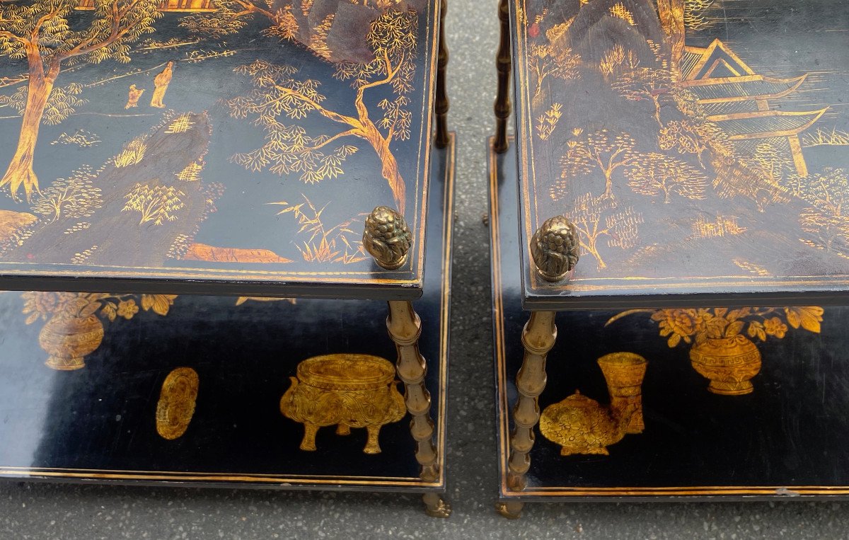 1950′ Pair Of Tables Maison Baguès Bamboo Decor Gilt Bronze, Chinese Lacquer Trays 60x40 Cm-photo-3