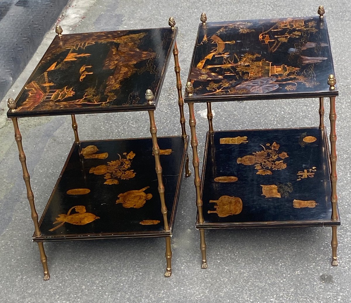 1950′ Pair Of Tables Maison Baguès Bamboo Decor Gilt Bronze, Chinese Lacquer Trays 60x40 Cm-photo-5