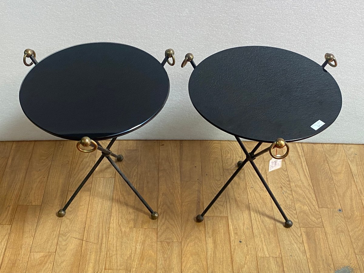 1940/50′ Pair Or Similar Wrought Iron And Brass Pedestal Tables Jacques Adnet Style Diameter 50 Cm-photo-2