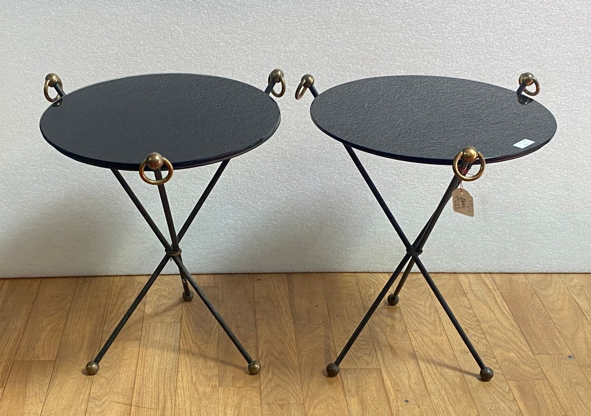 1940/50′ Pair Or Similar Wrought Iron And Brass Pedestal Tables Jacques Adnet Style Diameter 50 Cm