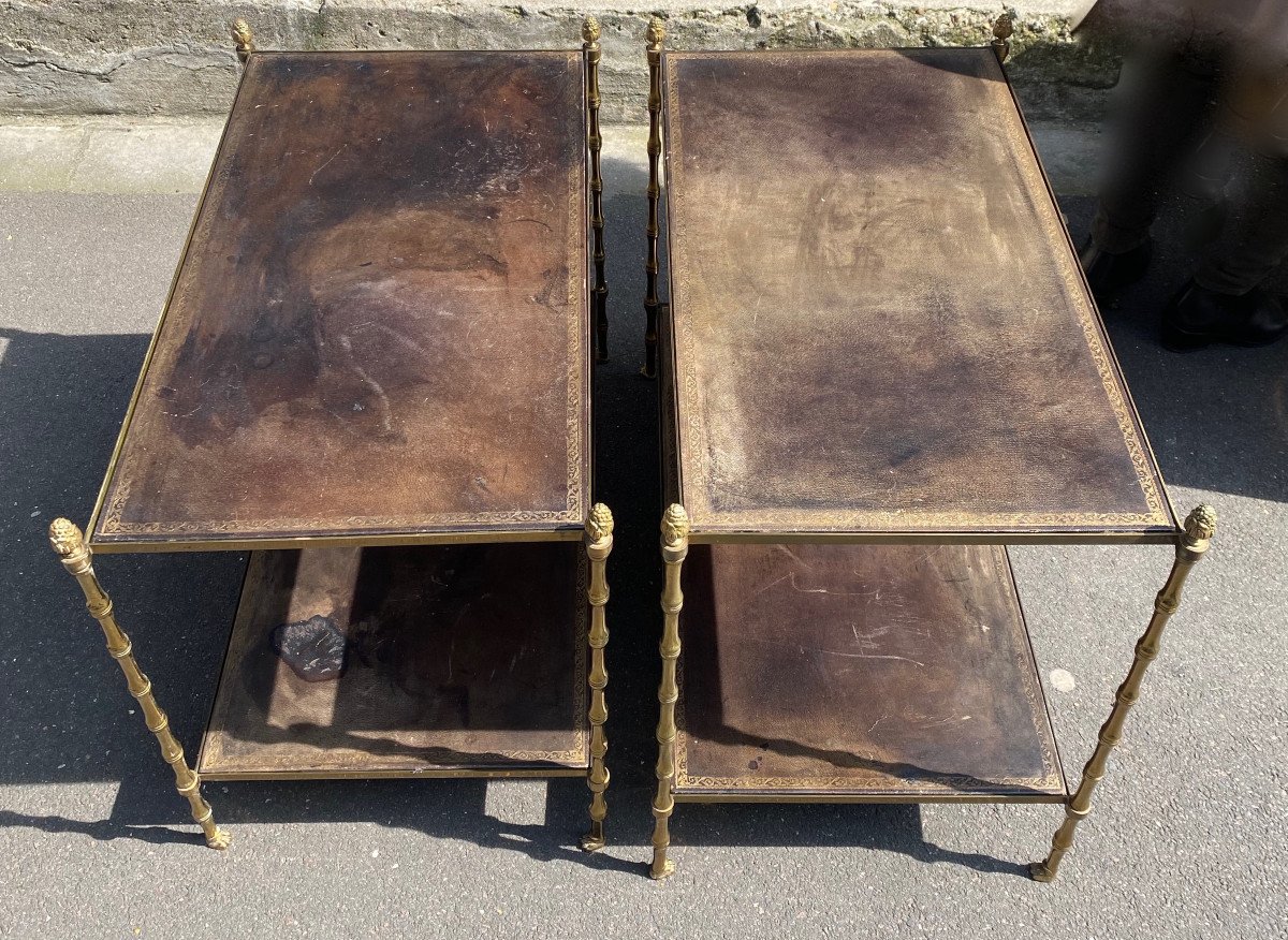 1970′ Pair Of Side Tables At 2 Levels Maison Baguès Vintage Leather Trays 73 X 42 H 46 Cm-photo-2