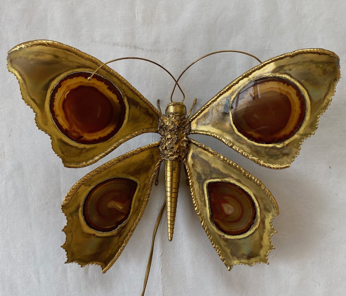 1970’ Applique Papillon En Bronze , Duval Brasseur Ou Isabelle Faure, Ailes Agate 40 X H 33 Cm-photo-6