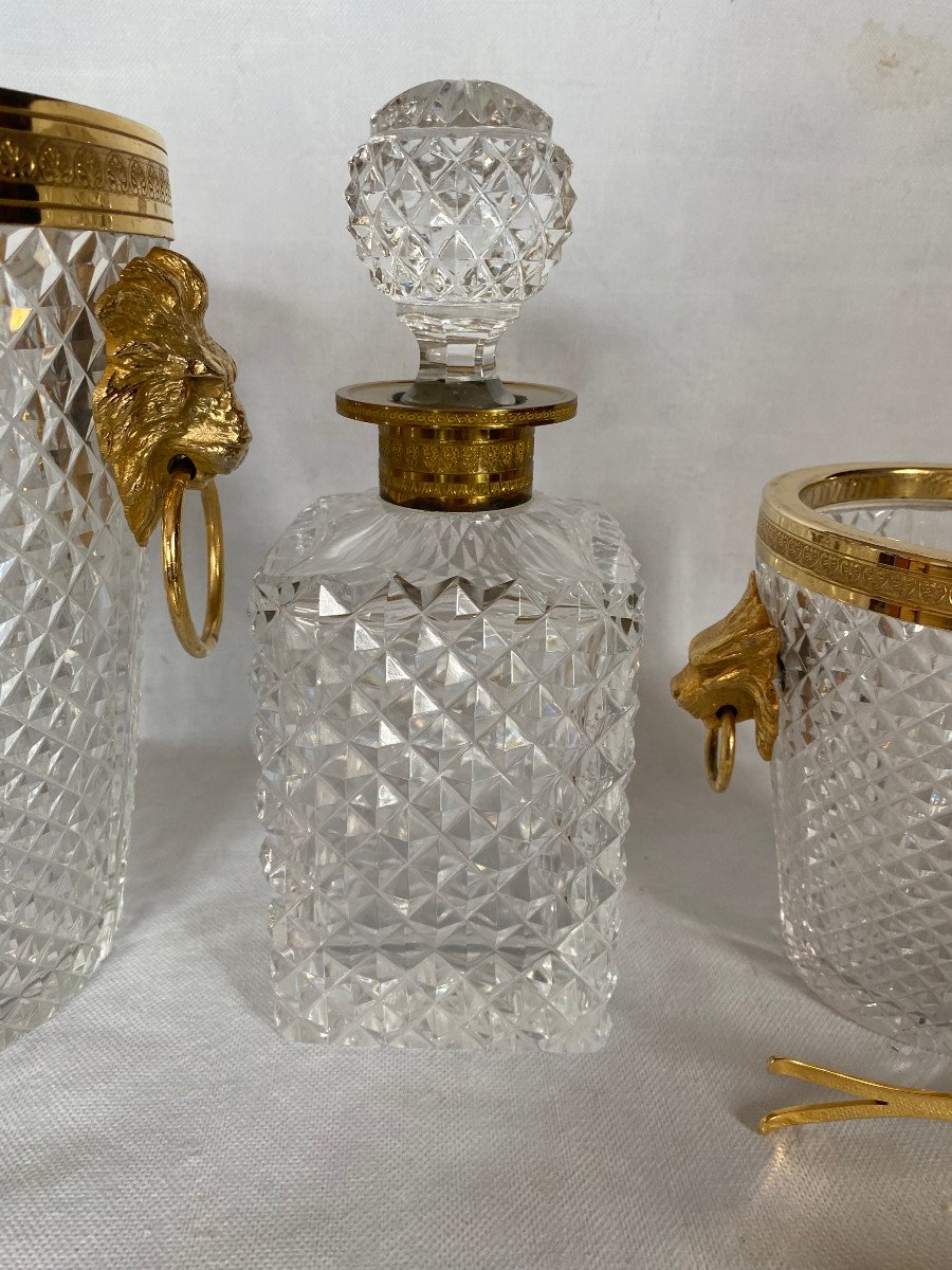 1970′ Champagne Bucket, Ice Cubes And Crystal Bottle Diamond Points With Bronze Lion Heads-photo-4