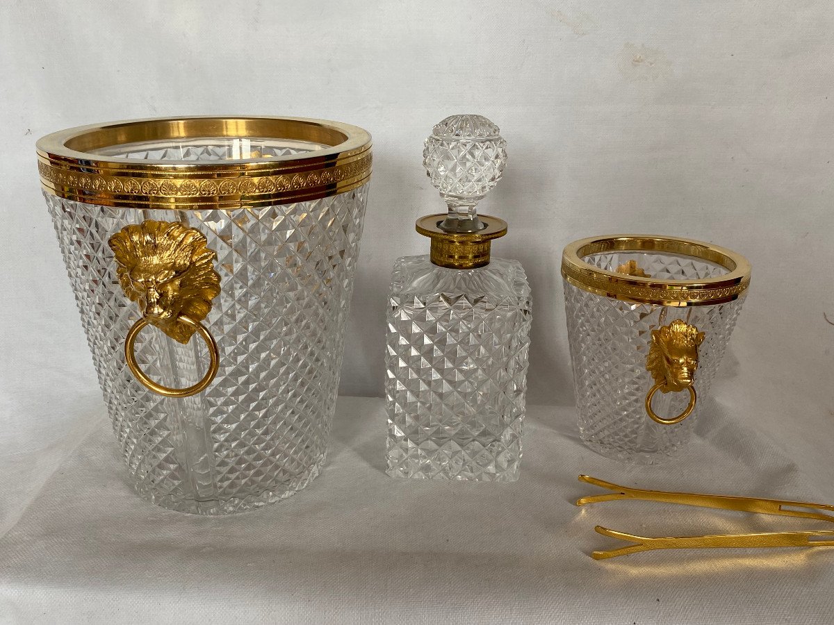 1970′ Champagne Bucket, Ice Cubes And Crystal Bottle Diamond Points With Bronze Lion Heads-photo-2