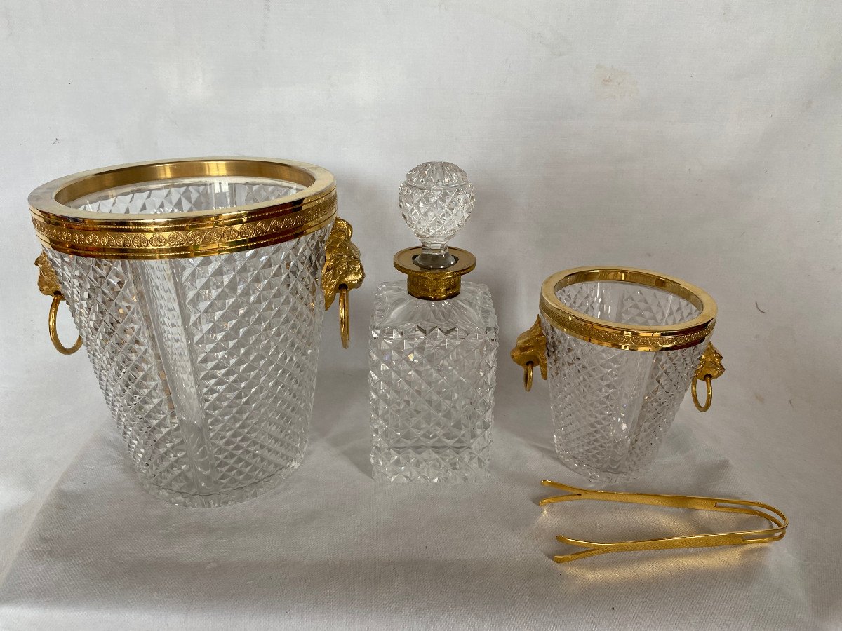 1970′ Champagne Bucket, Ice Cubes And Crystal Bottle Diamond Points With Bronze Lion Heads-photo-3