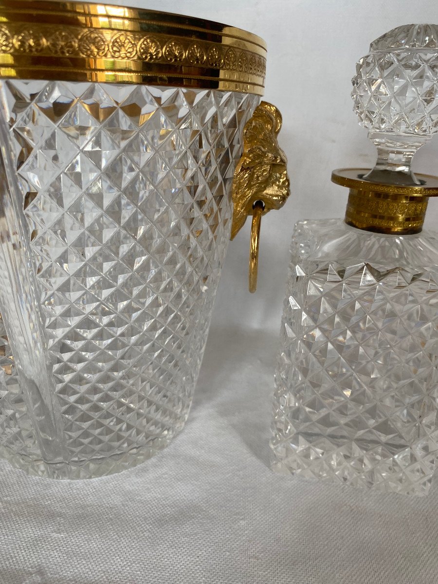 1970′ Champagne Bucket, Ice Cubes And Crystal Bottle Diamond Points With Bronze Lion Heads-photo-6