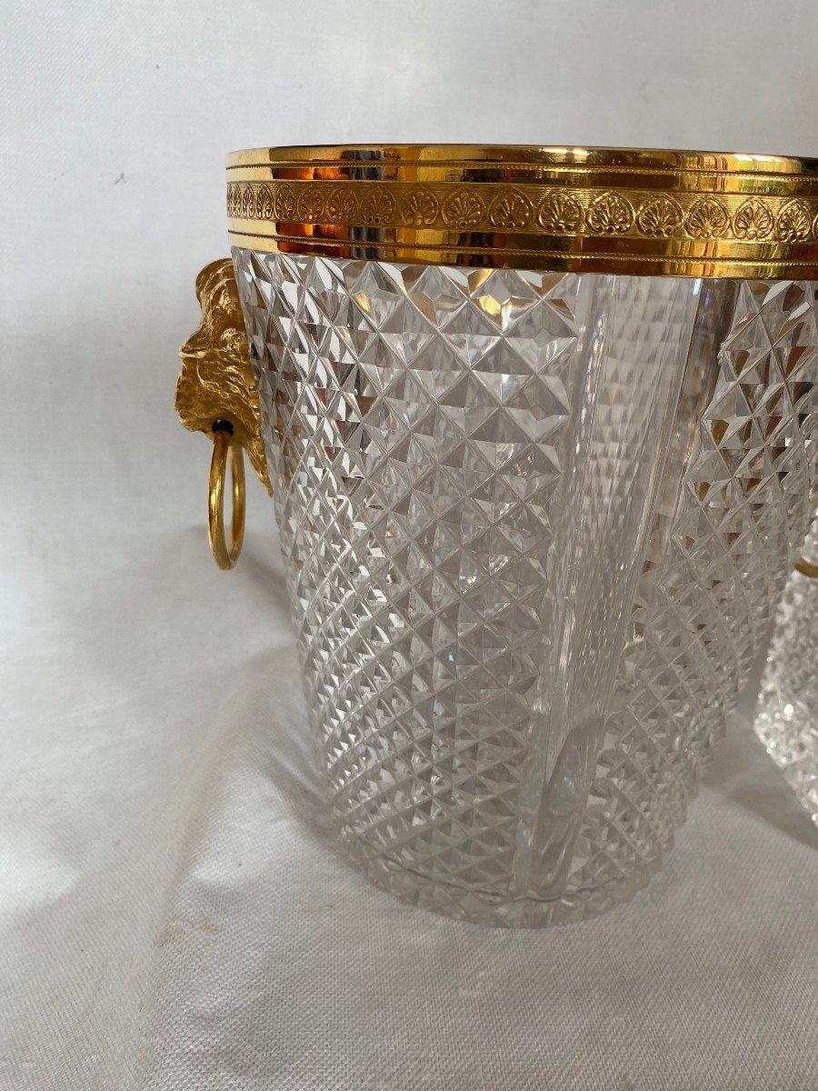 1970′ Champagne Bucket, Ice Cubes And Crystal Bottle Diamond Points With Bronze Lion Heads-photo-7