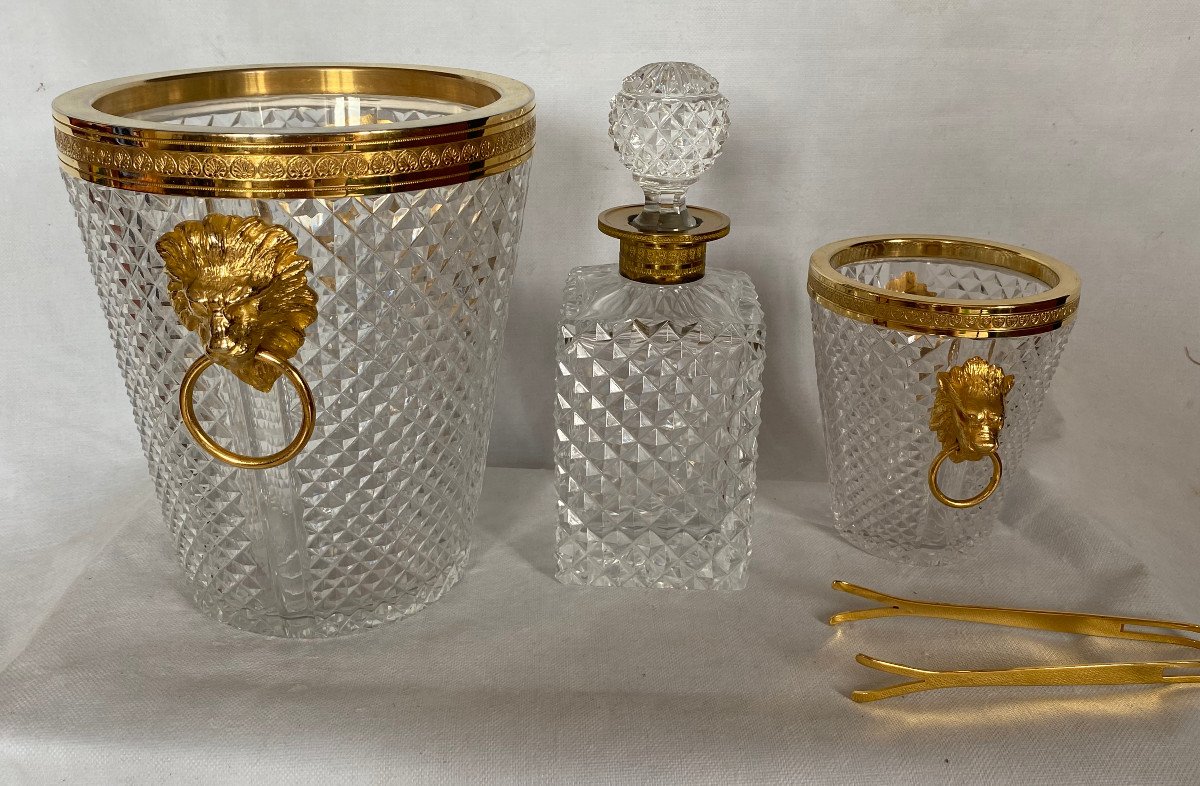 1970′ Champagne Bucket, Ice Cubes And Crystal Bottle Diamond Points With Bronze Lion Heads