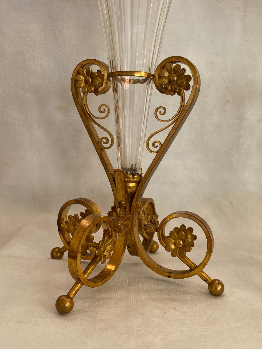 1870′ Pair Of Baccarat Cornets Or Similar Bronze Mount Monogram At The Crown H 49.5 Cm-photo-2