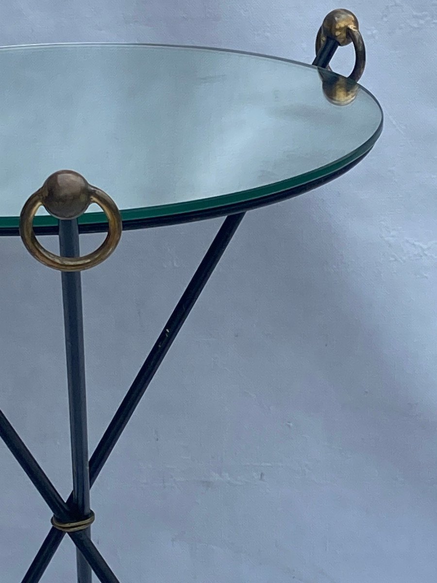 1940/50′ Wrought Iron Pedestal Table Brass Ornaments Jacques Adnet Style Diameter 49 Cm-photo-3