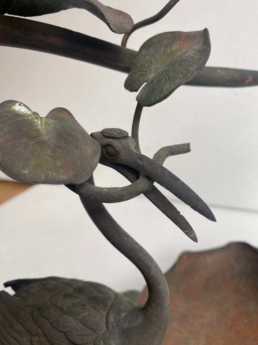 1900′ Art Nouveau Patinated Bronze Fruit Basket, Japanese Crane And Water Lilies 47 X 58 Xh 54 Cm-photo-7