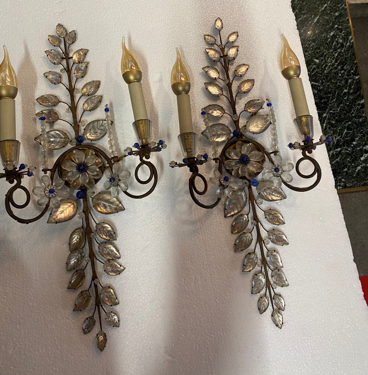 1950/70′ Pair Of Maison Baguès Marguerite Sconces H 57 Cm With Blue Glass Beads-photo-2