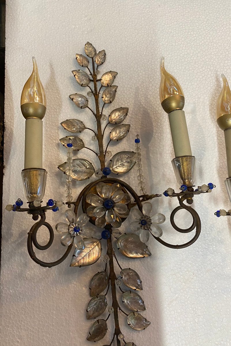 1950/70′ Pair Of Maison Baguès Marguerite Sconces H 57 Cm With Blue Glass Beads-photo-3