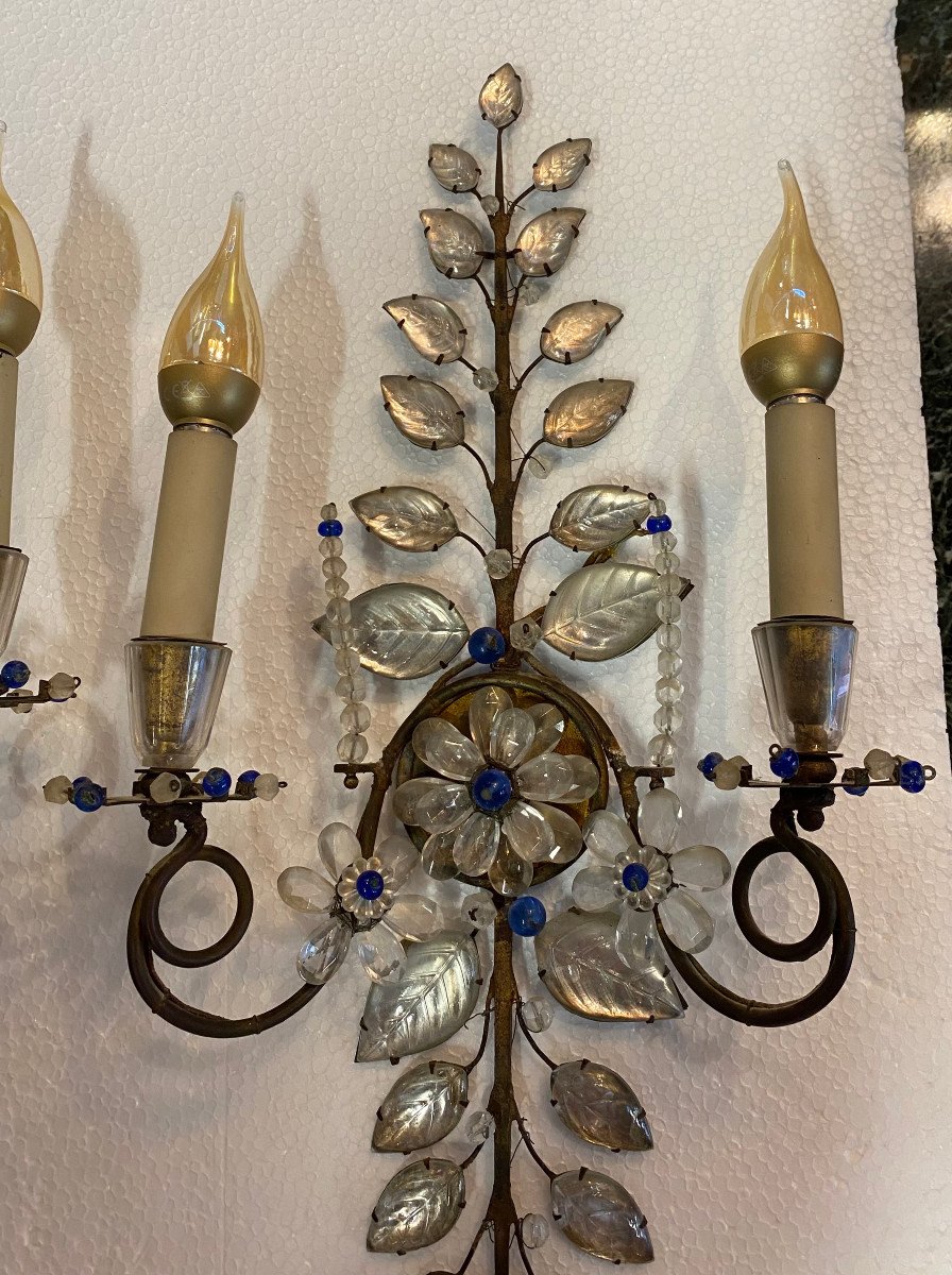 1950/70′ Pair Of Maison Baguès Marguerite Sconces H 57 Cm With Blue Glass Beads-photo-1