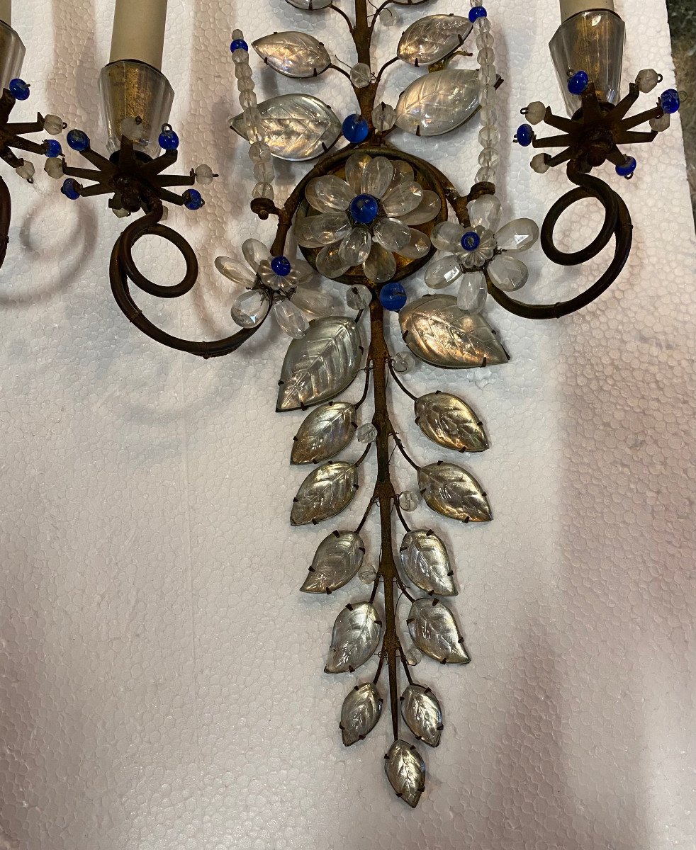 1950/70′ Pair Of Maison Baguès Marguerite Sconces H 57 Cm With Blue Glass Beads-photo-2