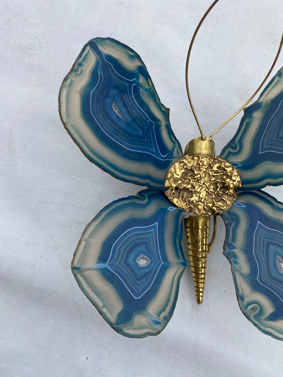 1970’ Applique Papillon En Bronze Ou Laiton, Duval Brasseur Ou Isabelle Faure, 1 Ampoule Agates-photo-2