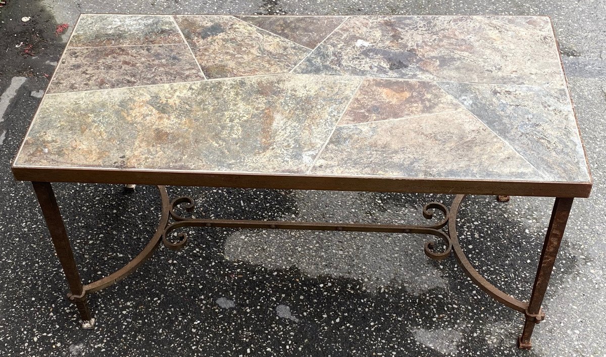 1950/70 Wrought Iron Coffee Table With Correze Slate Top Spacer 90.5 X 45.5 Xh 45 Cm