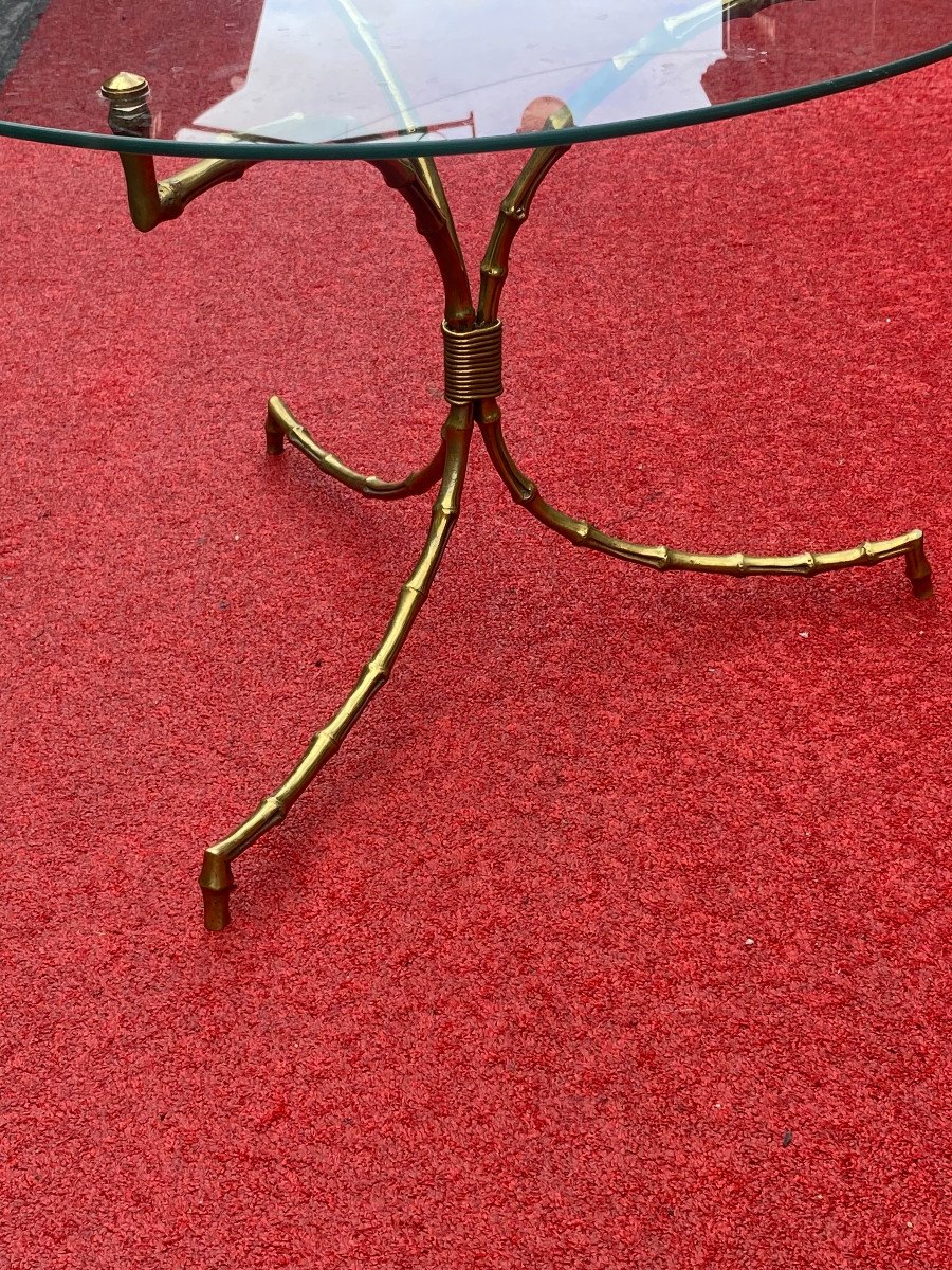 1970′ Table Guéridon Decor Bambou Maison Baguès En Bronze Avec Plateau Verre ø 60 H 45 Cm-photo-3