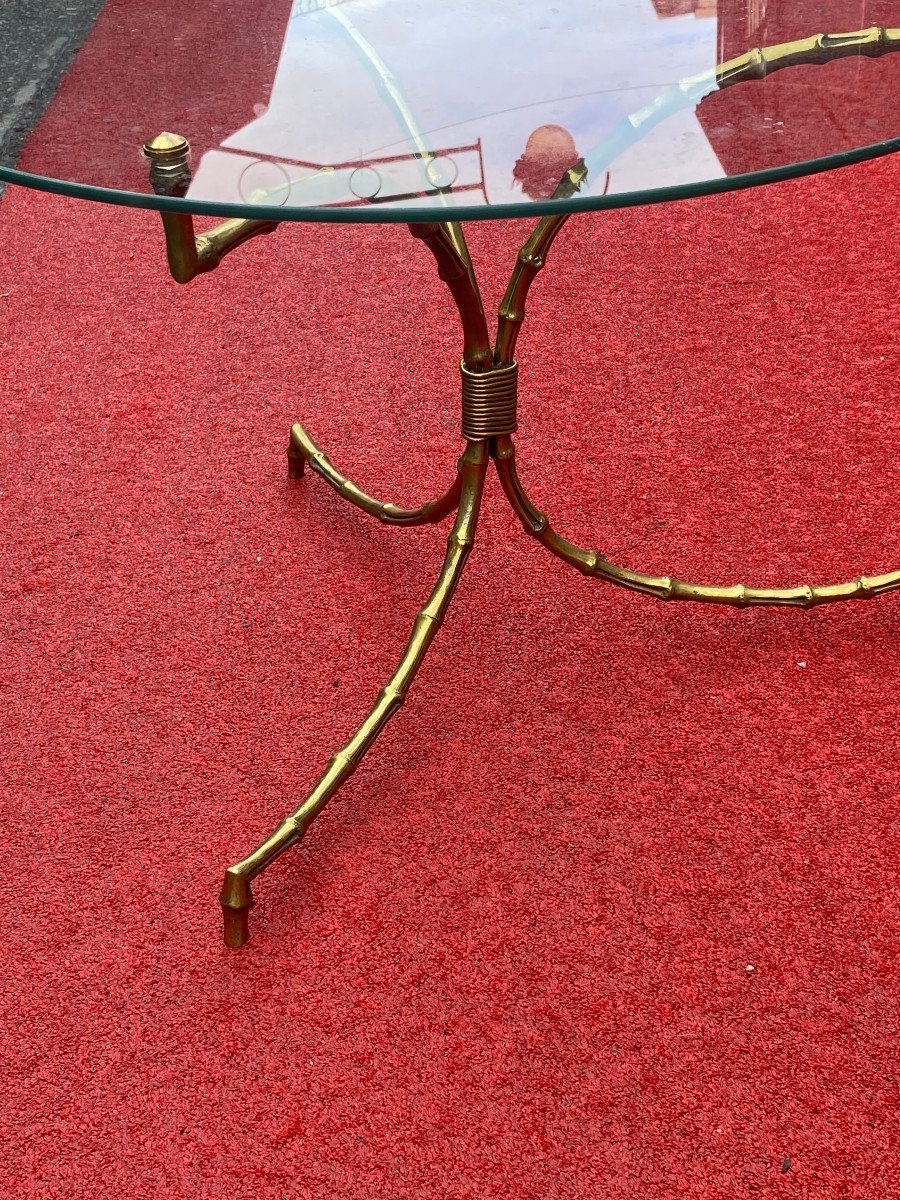 1970′ Table Guéridon Decor Bambou Maison Baguès En Bronze Avec Plateau Verre ø 60 H 45 Cm-photo-4