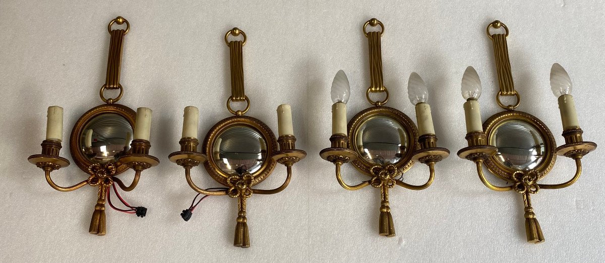 1950/70′ Pair Of Gilt Bronze Sconces With Convex Mirror Signed Petitot-photo-3