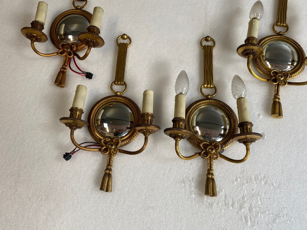 1950/70′ Pair Of Gilt Bronze Sconces With Convex Mirror Signed Petitot-photo-4