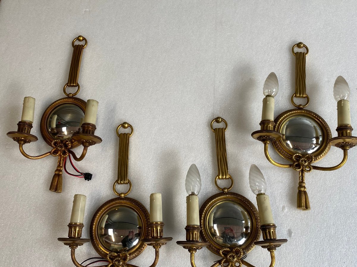 1950/70′ Pair Of Gilt Bronze Sconces With Convex Mirror Signed Petitot-photo-1